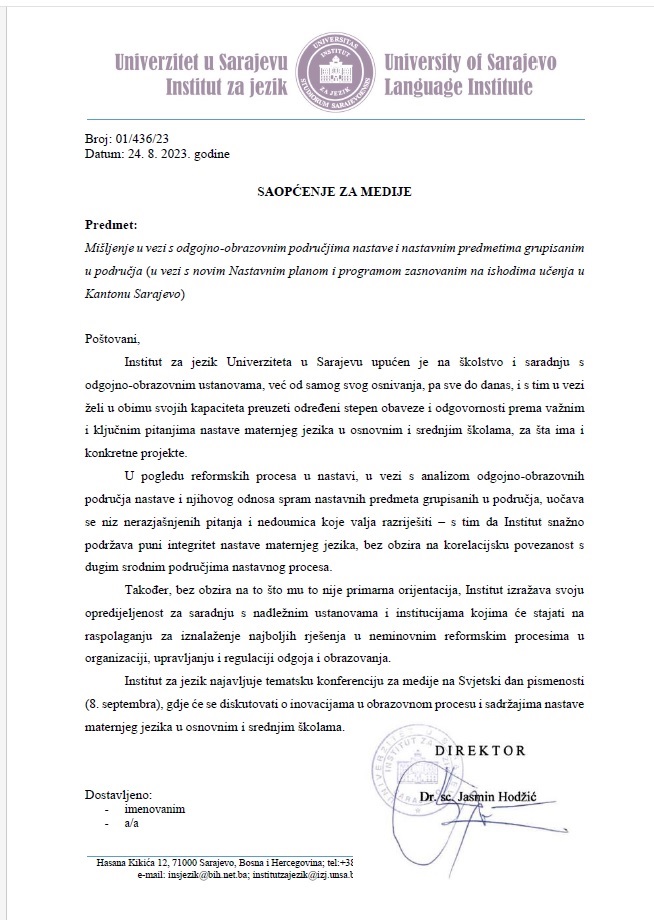 Mišljenje u vezi s odgojno-obrazovnim područjima nastave i nastavnim predmetima grupisanim u područja (u vezi s novim Nastavnim planom i programom zasnovanim na ishodima učenja u Kantonu Sarajevo) – saopćenje za medije